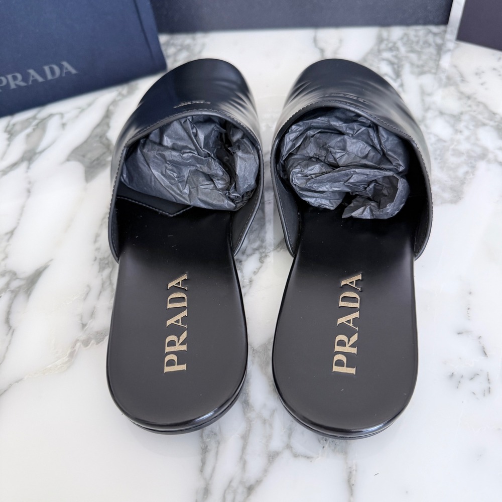 Prada Milano Black Leather Mule Slides Gold Logo Slip On Flat Shoes Mens UK7 - Picture 6 of 13